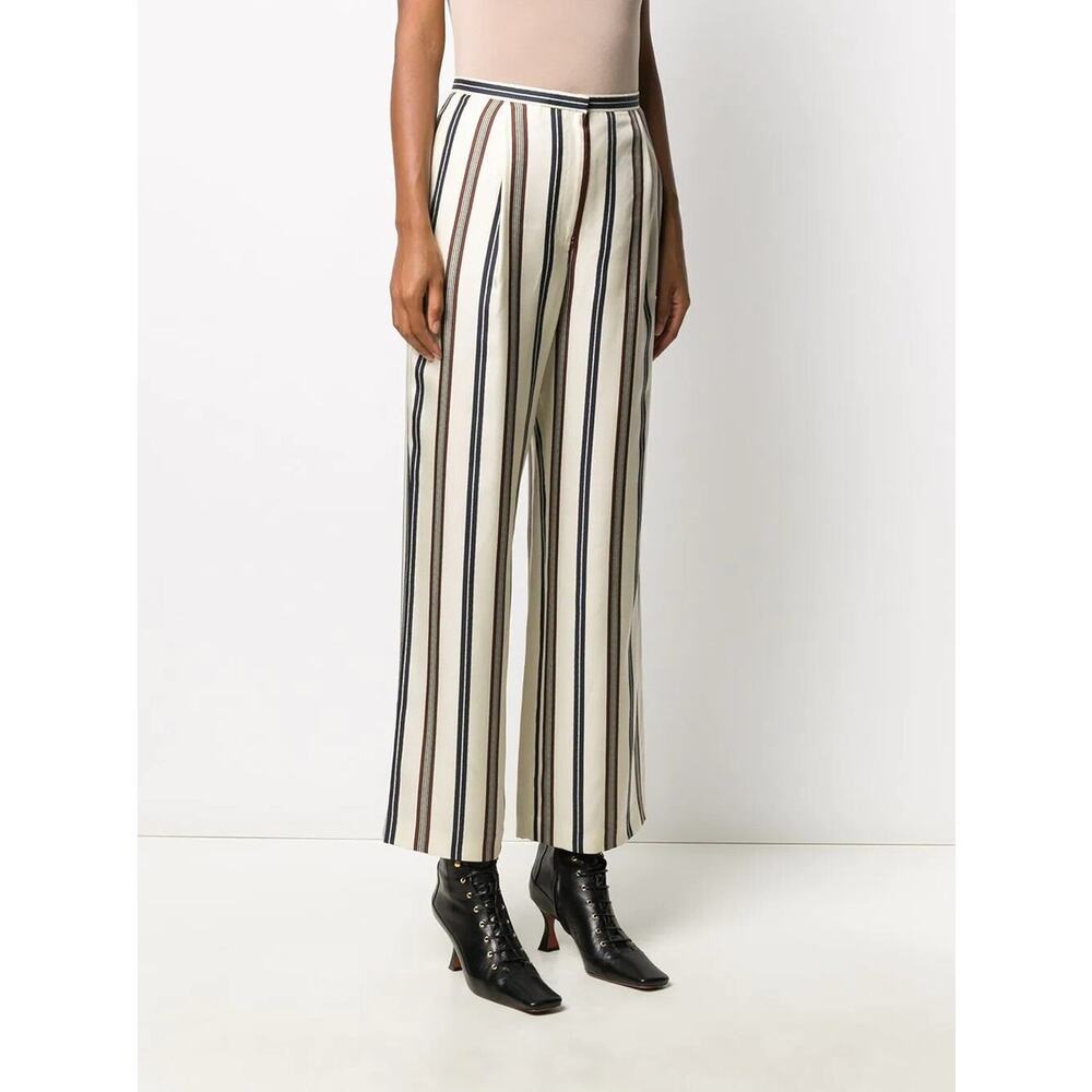 Tory Burch Silk Striped Wide Leg Pants Size 4 Ivory Navy Brown‎ Pleated Trousers